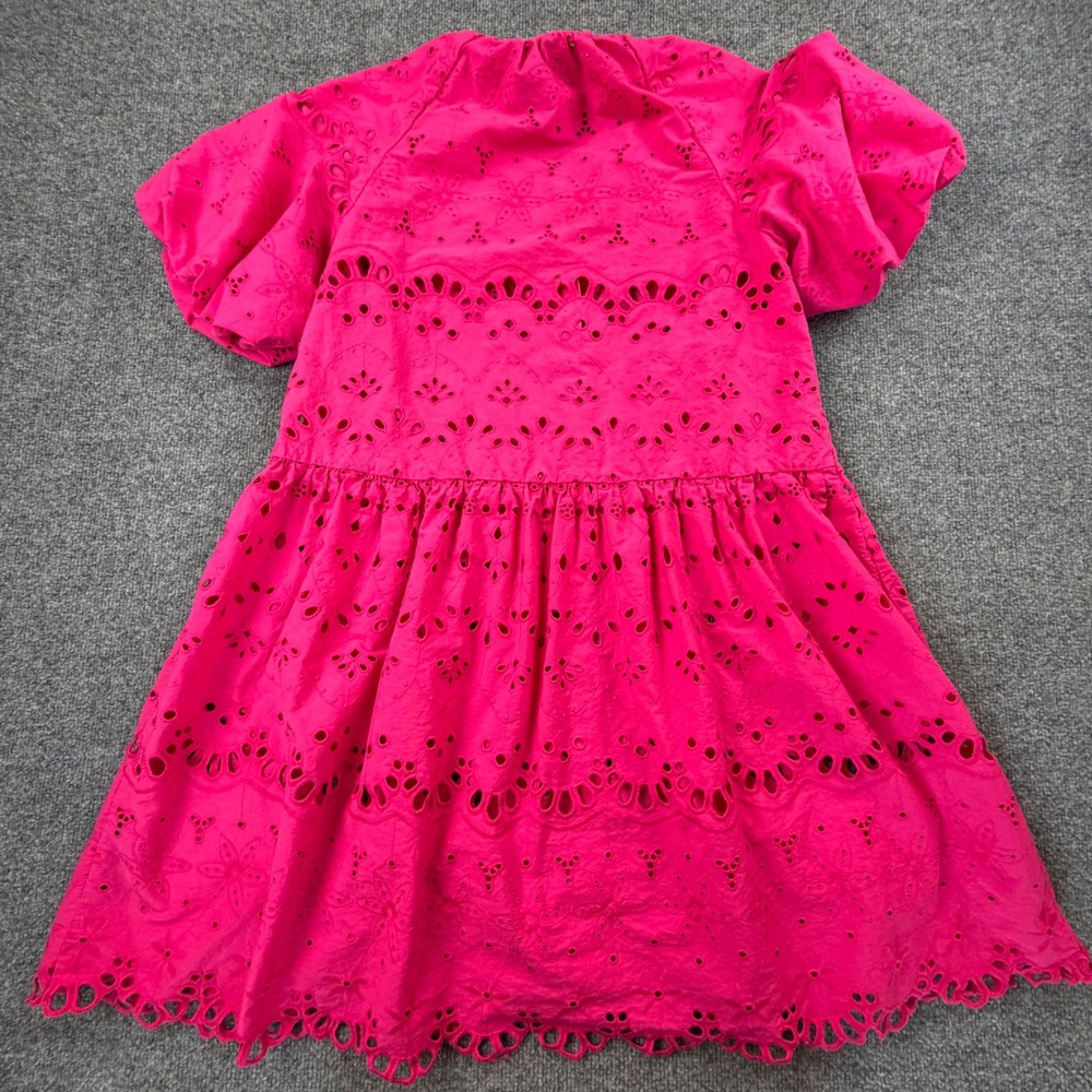 Anthropologie Hot Pink Eyelet Mini Dress Short Puff Sleeve Cotton Tiered Size L - Picture 11 of 13
